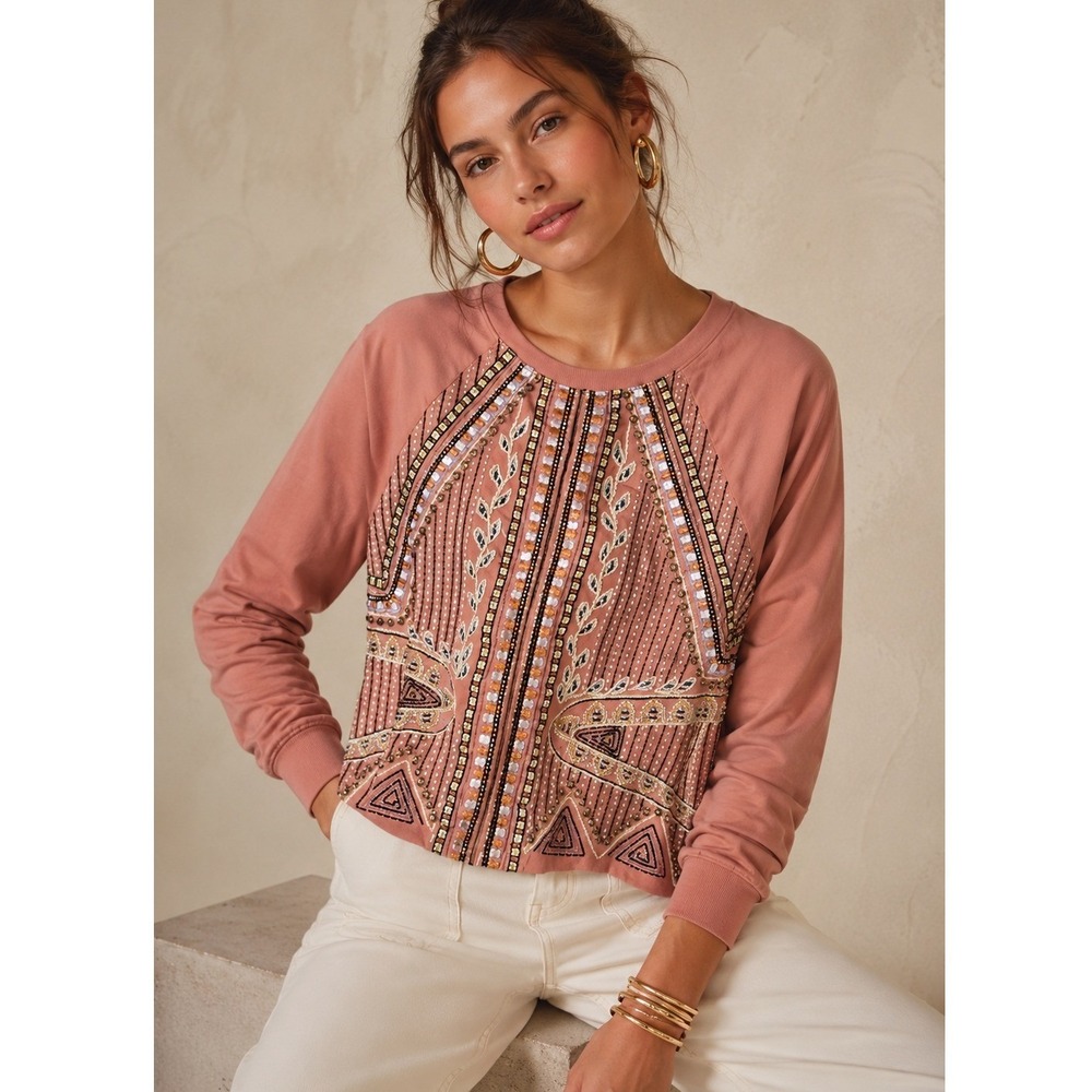 Akemi+Kin Anthropologie Embellished Sweatshirt Top Boho Embroidered Size L